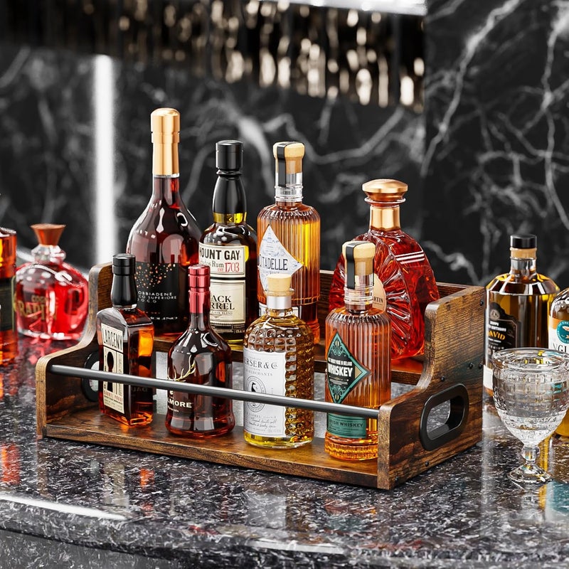 KLM Liquor Bottle Display Shelf, Coffee Syrup Rack Organizer, 2 Step Countertop Liquor Wine Rack, mini bar,Liquor Cabinet, Home Retro Bar Shelf Stand for Liquor Whiskey, Spirits, Brown - Image 2